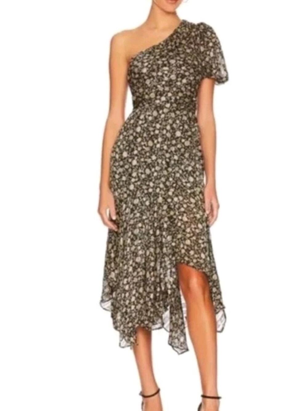 ASTR The Label Santorini Metallic Floral One Shoulder Midi Dress Black Tan S